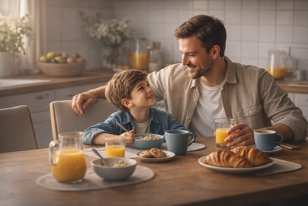 Vader en kind samen aan tafel, symbool voor ouderlijke betrokkenheid na een scheiding